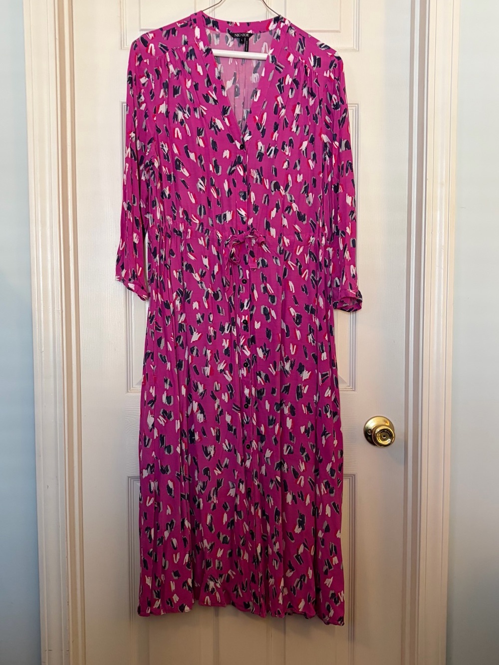 Nic and Zoe Women’s Pink Print V-Neck Tie-Waist Dress - SZ L